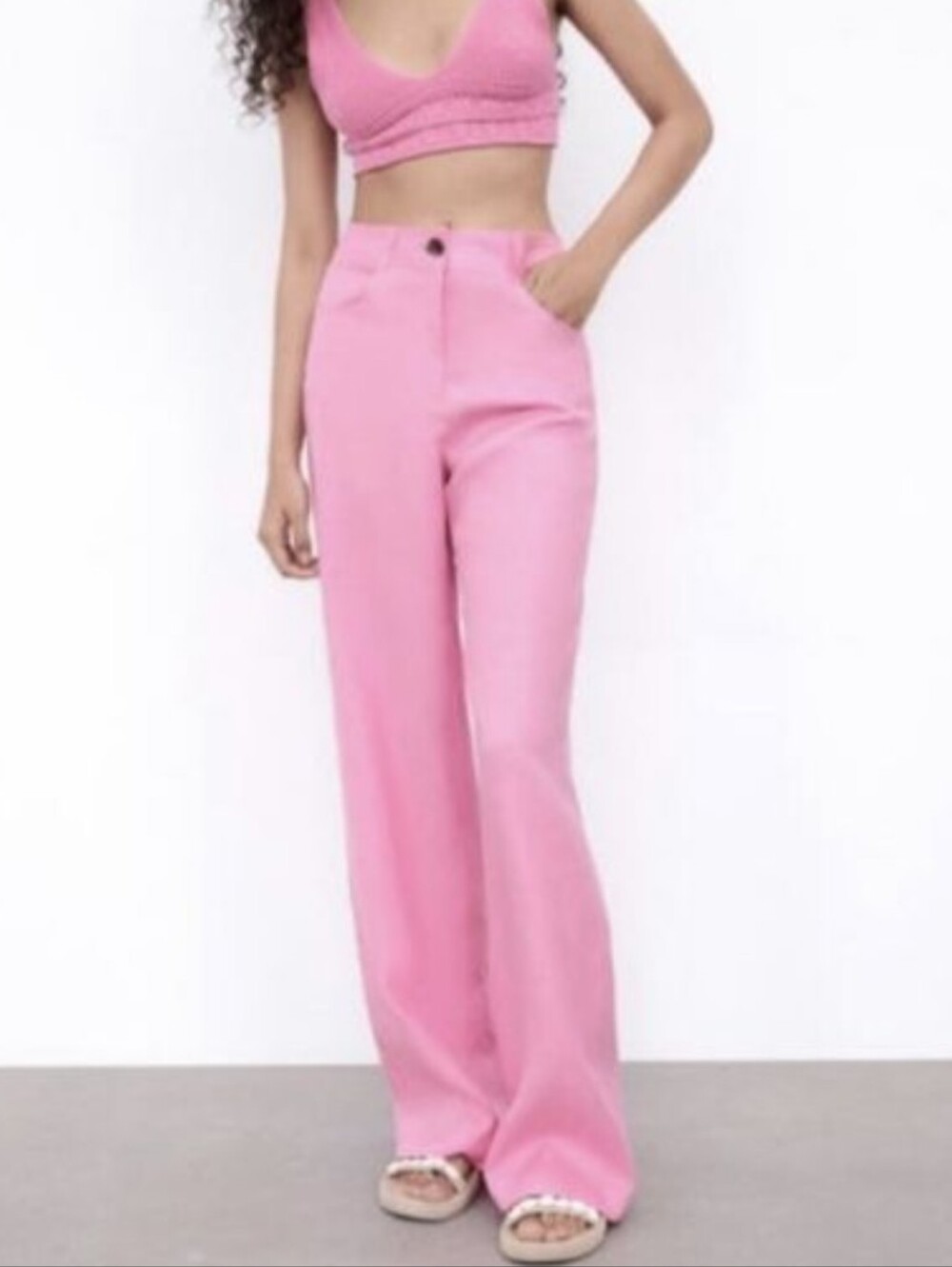 Hot Pink  High Waisted Wide Leg 100% Linen Pants Sz-XS